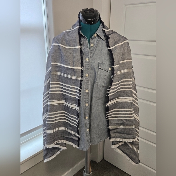 BANANA REPUBLIC NADIA STRIPE SCARF WRAP SHAWL OVERSIZE NAVY BLUE WHITE WOMEN OS - Picture 4 of 10